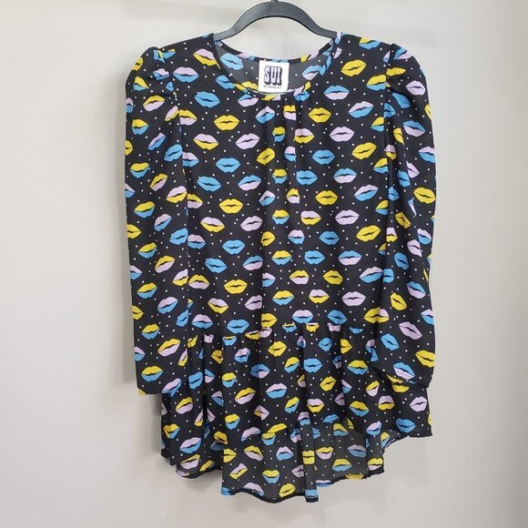 Anna Sui Novelty Lip Print Peplum High Low Blouse Size XS - Picture 5 of 12